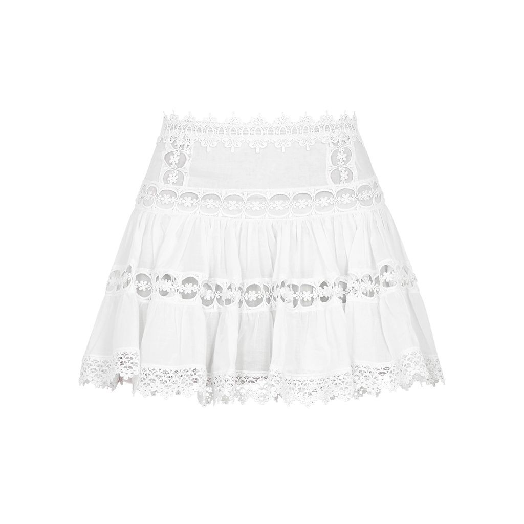 Greta White Lace-trimmed Cotton-blend Mini Skirt - S