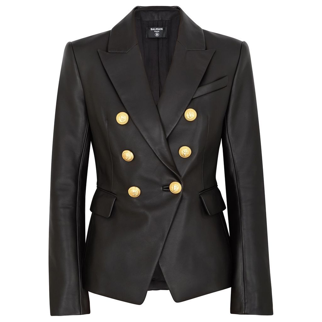 Black Double-breasted Leather Blazer - 10