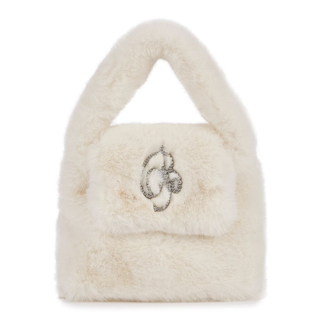 Ivory Embellished Faux Fur Top Handle Bag - Beige