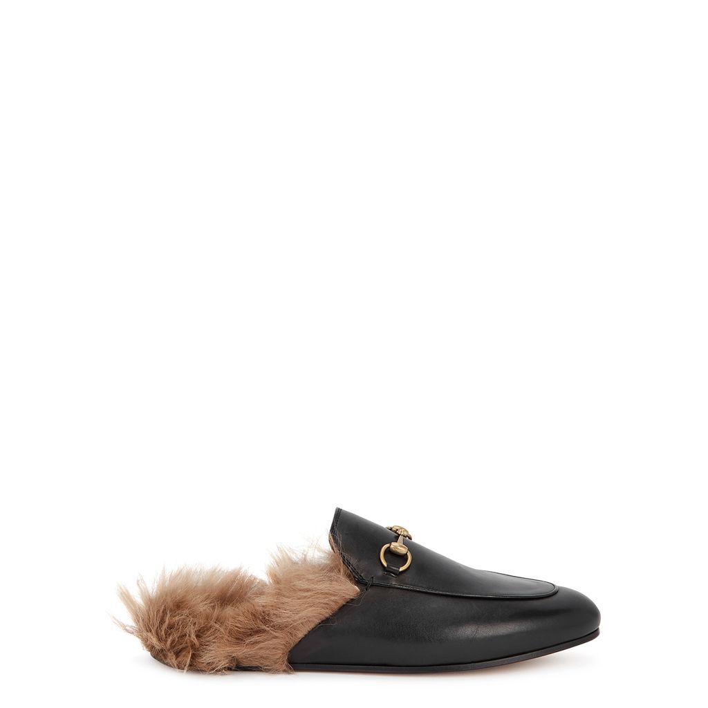 Princetown Fur-trimmed Leather Loafers - Black - 5
