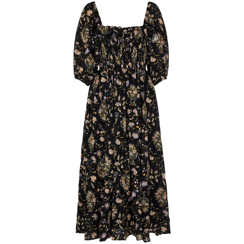 Oasis Floral-print Cotton-blend Midi Dress - Black - M