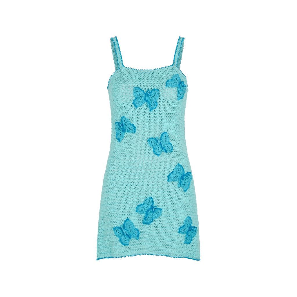 Beaded Butterfly Turquoise Crochet Mini Dress - L