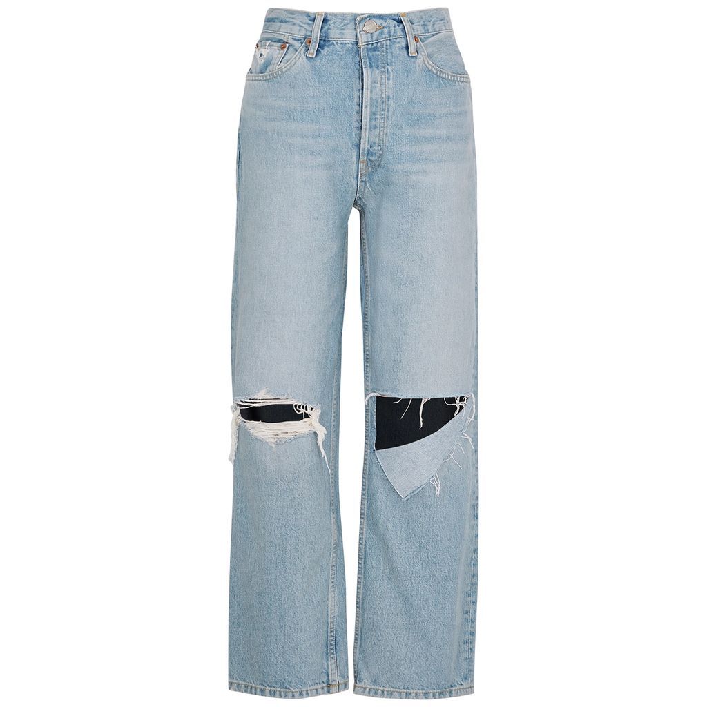 90's Low Slung Distressed Straight-leg Jeans - Light Blue - W28