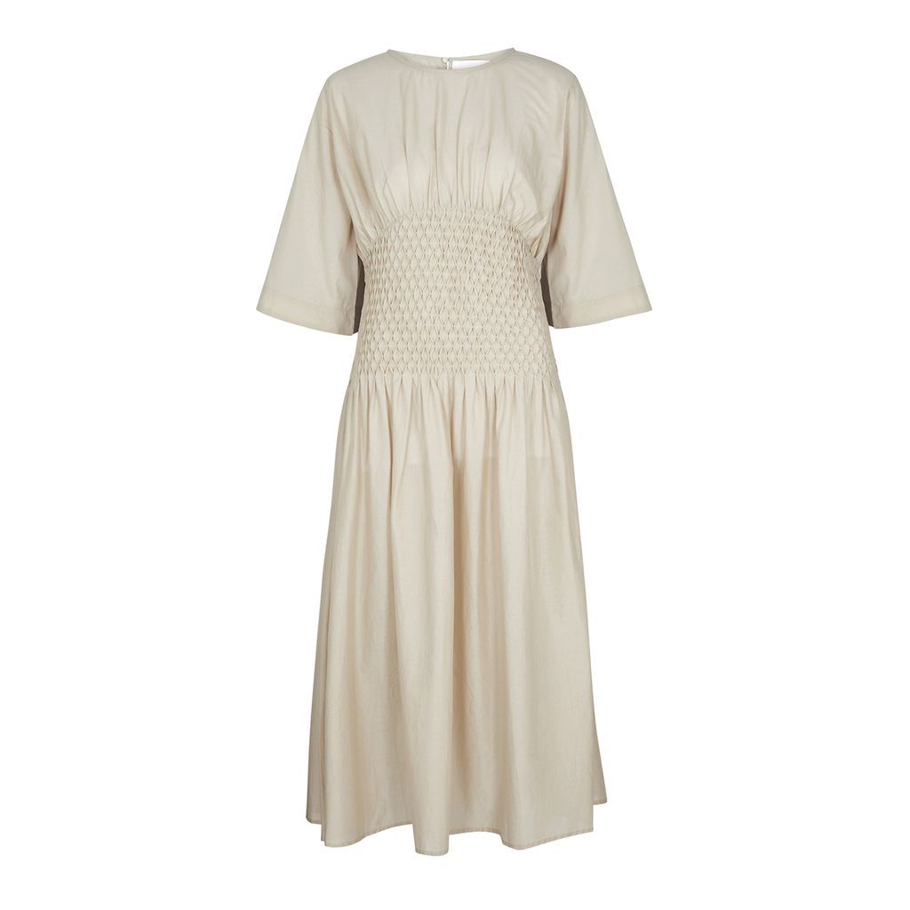 Alma Smocked Cotton Midi Dress - Tan - 12