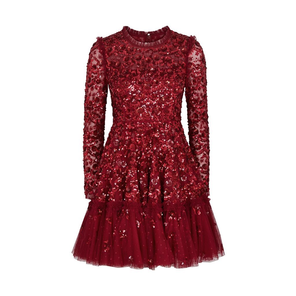Alina Embellished Ruffled Tulle Mini Dress - RED - 10
