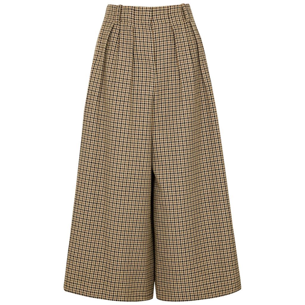 Brown Houndstooth Wool-blend Cropped Trousers - Beige - 40