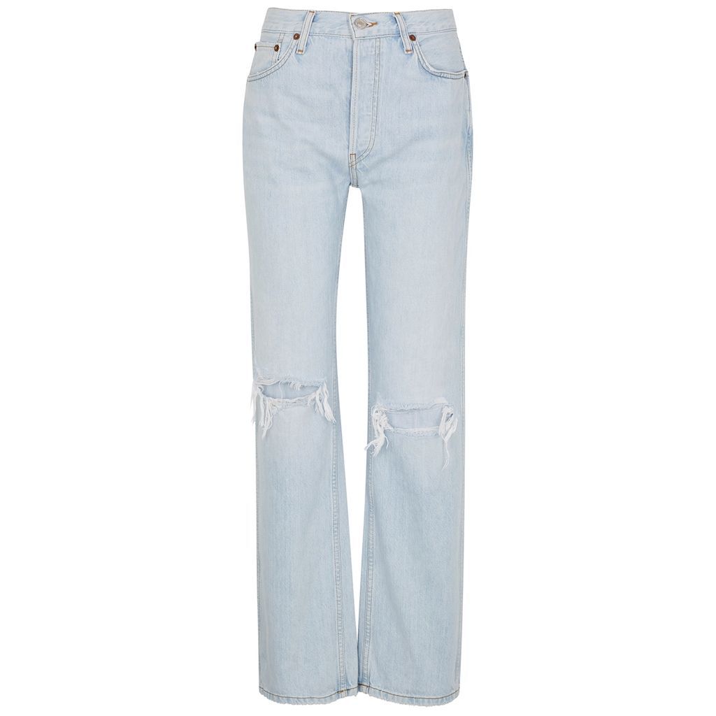90's Bleach-blue Distressed Straight-leg Jeans - W29