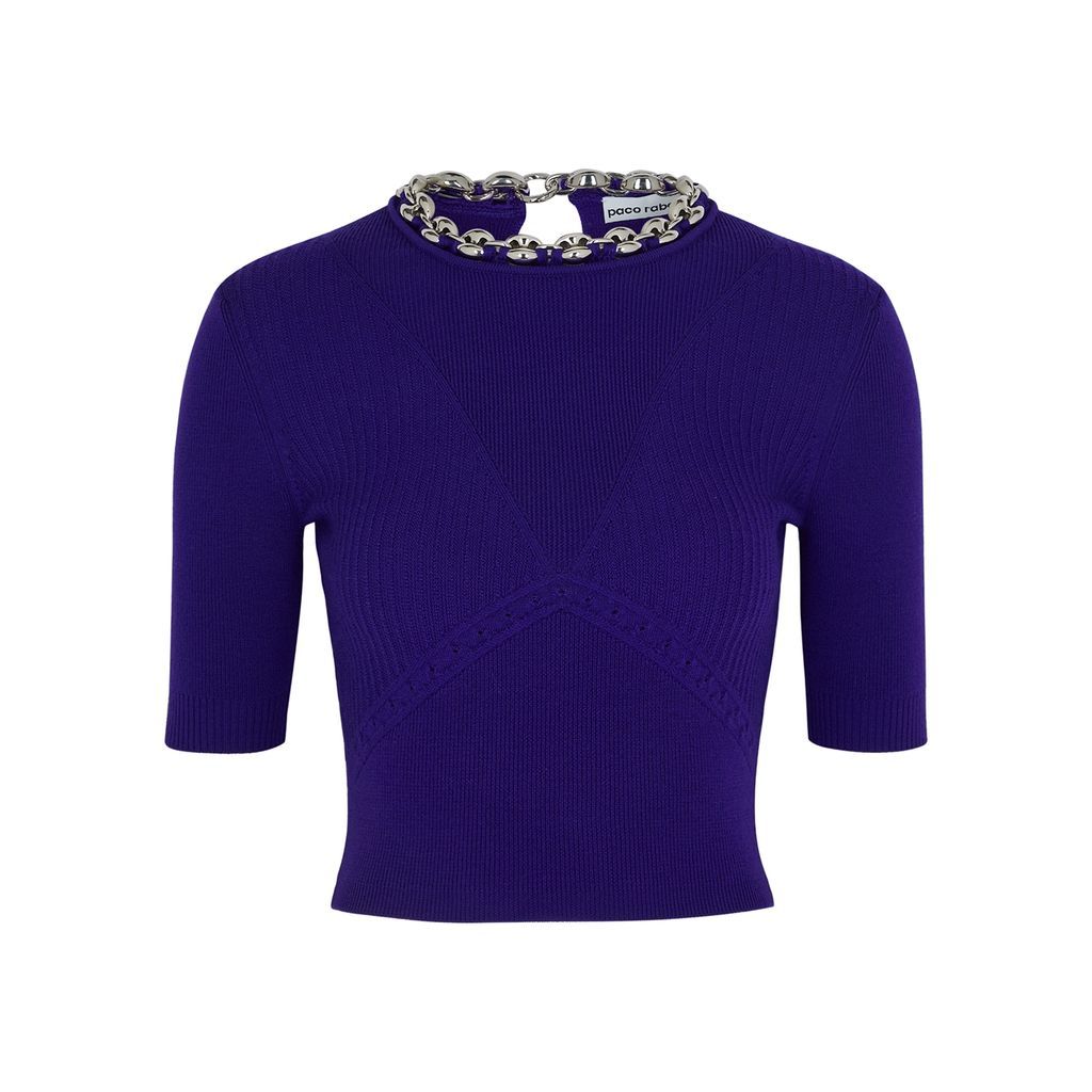 Chain-trimmed Cropped Stretch-wool Top - Purple - M