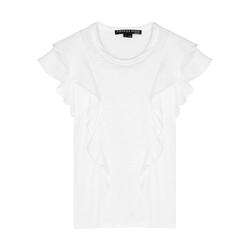 Bea White Ruffle-trimmed Cotton T-shirt - L