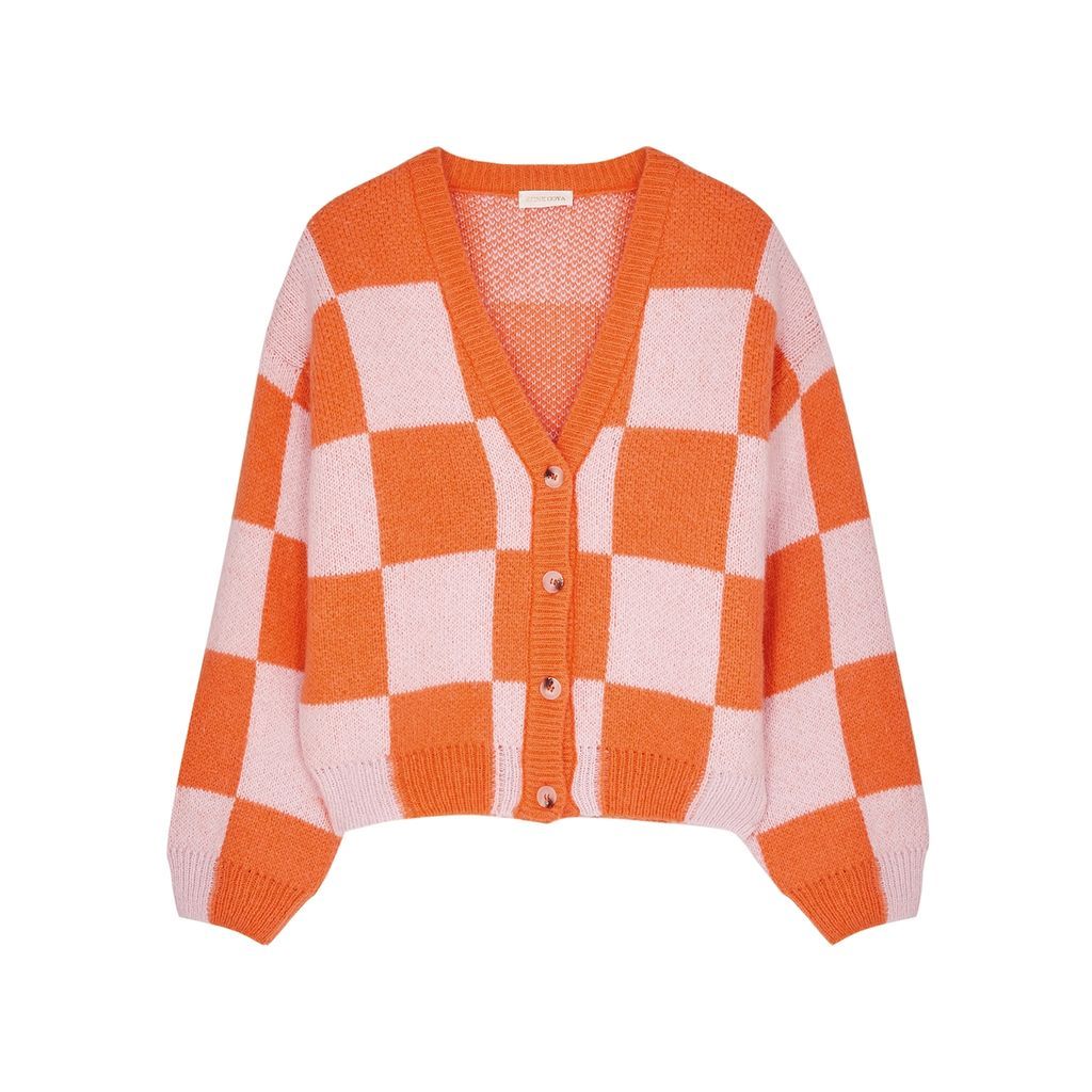 Amara Checked Knitted Cardigan - Orange - S