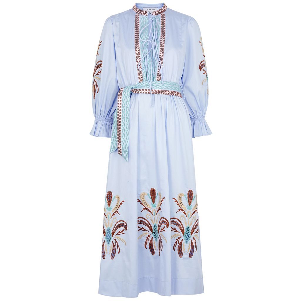 Florence Embroidered Cotton Midi Dress - Blue - 12