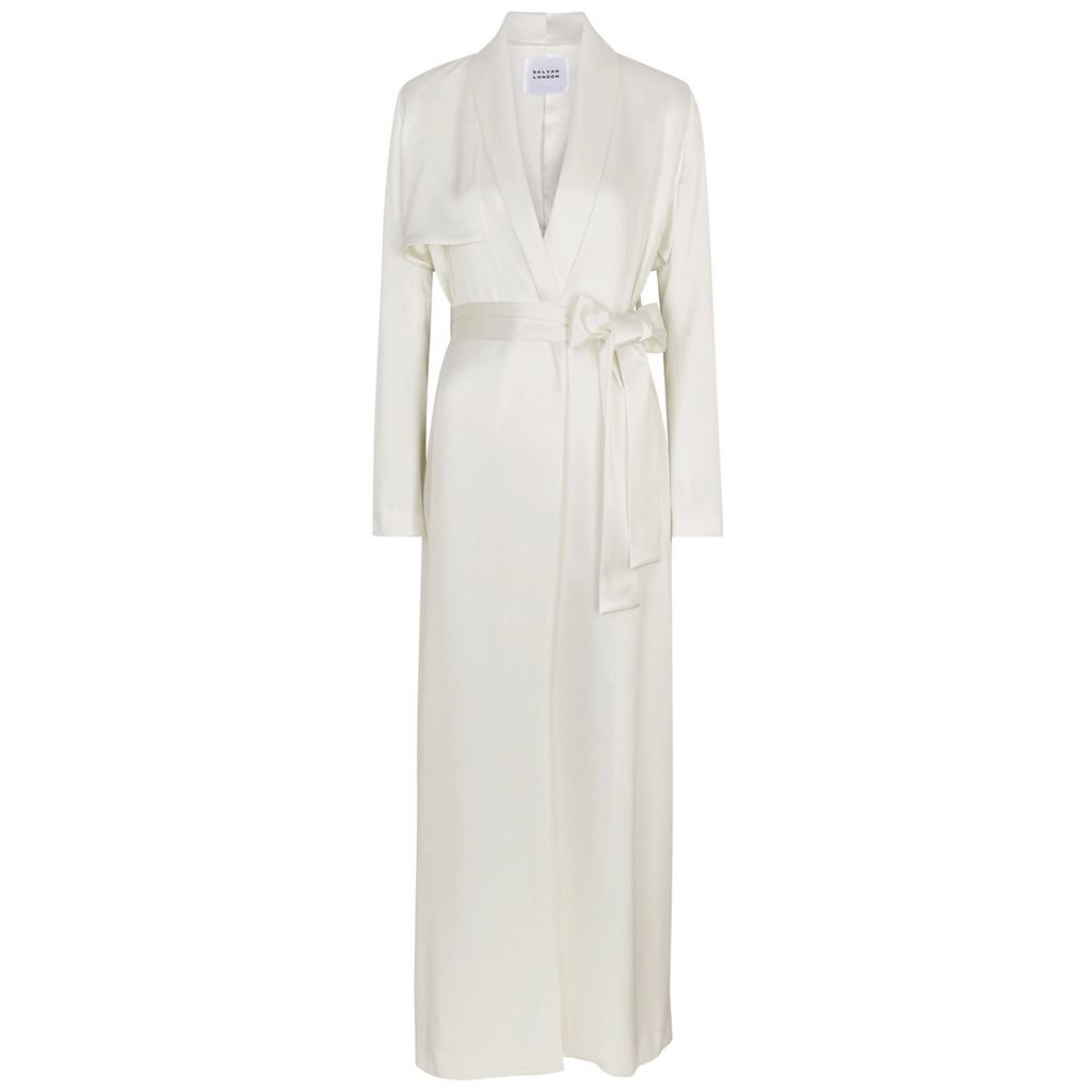 Belted Satin Trench Coat - White - XL