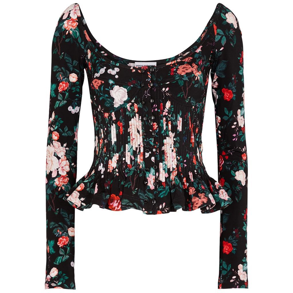 Floral-print Pleated Stretch-jersey Top - Black - 10