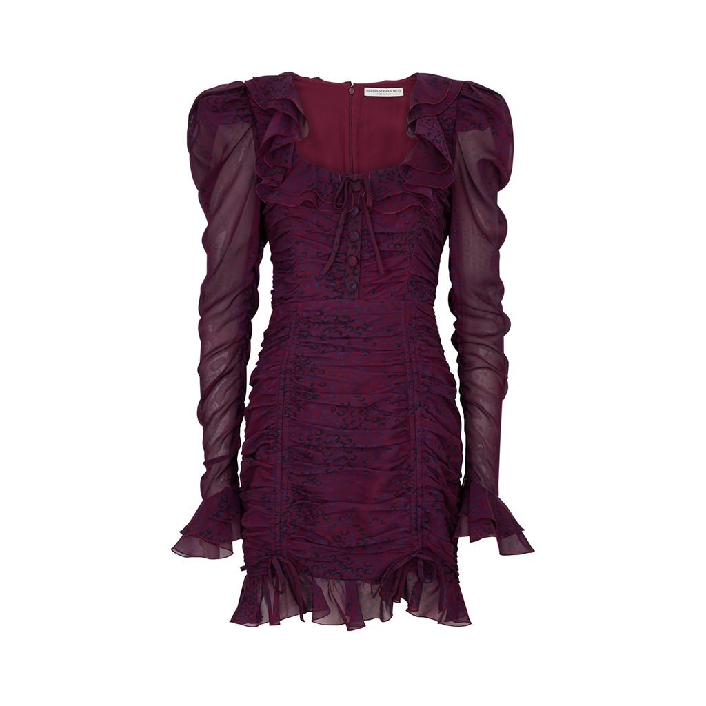 Leopard-print Ruched Silk-chiffon Mini Dress - Plum - 12