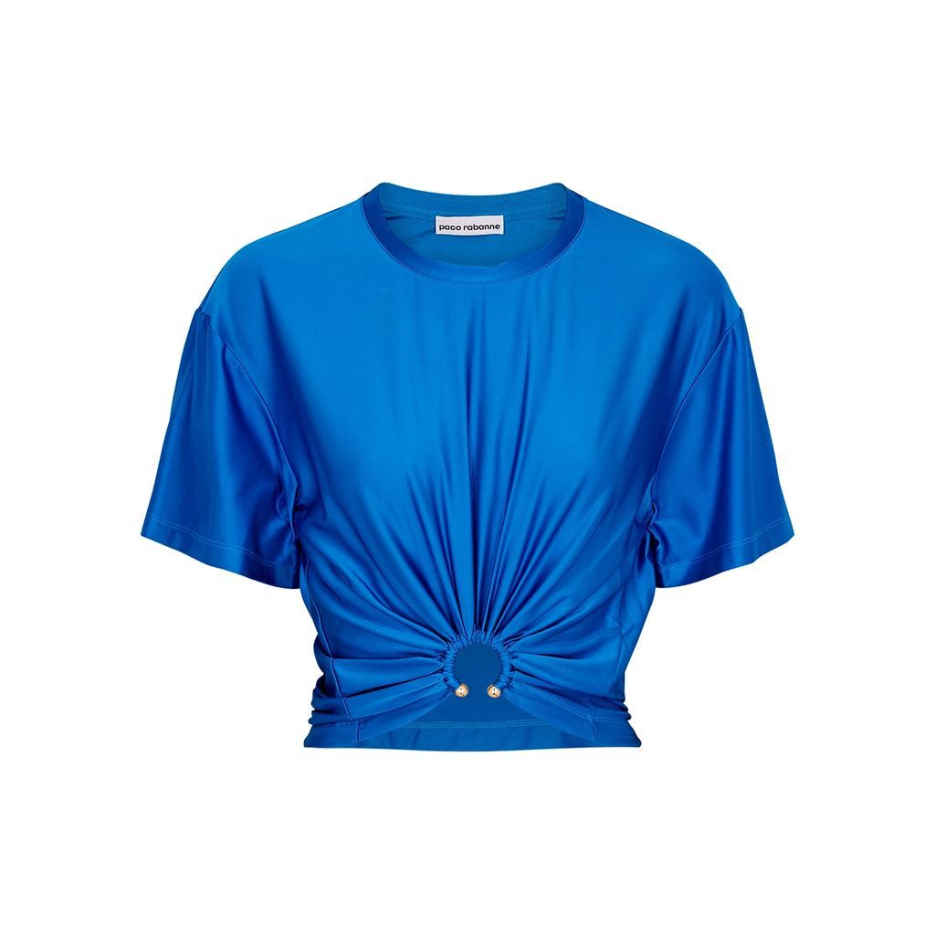 Ruched Cropped Satin-jersey T-shirt - Bright Blue - 12