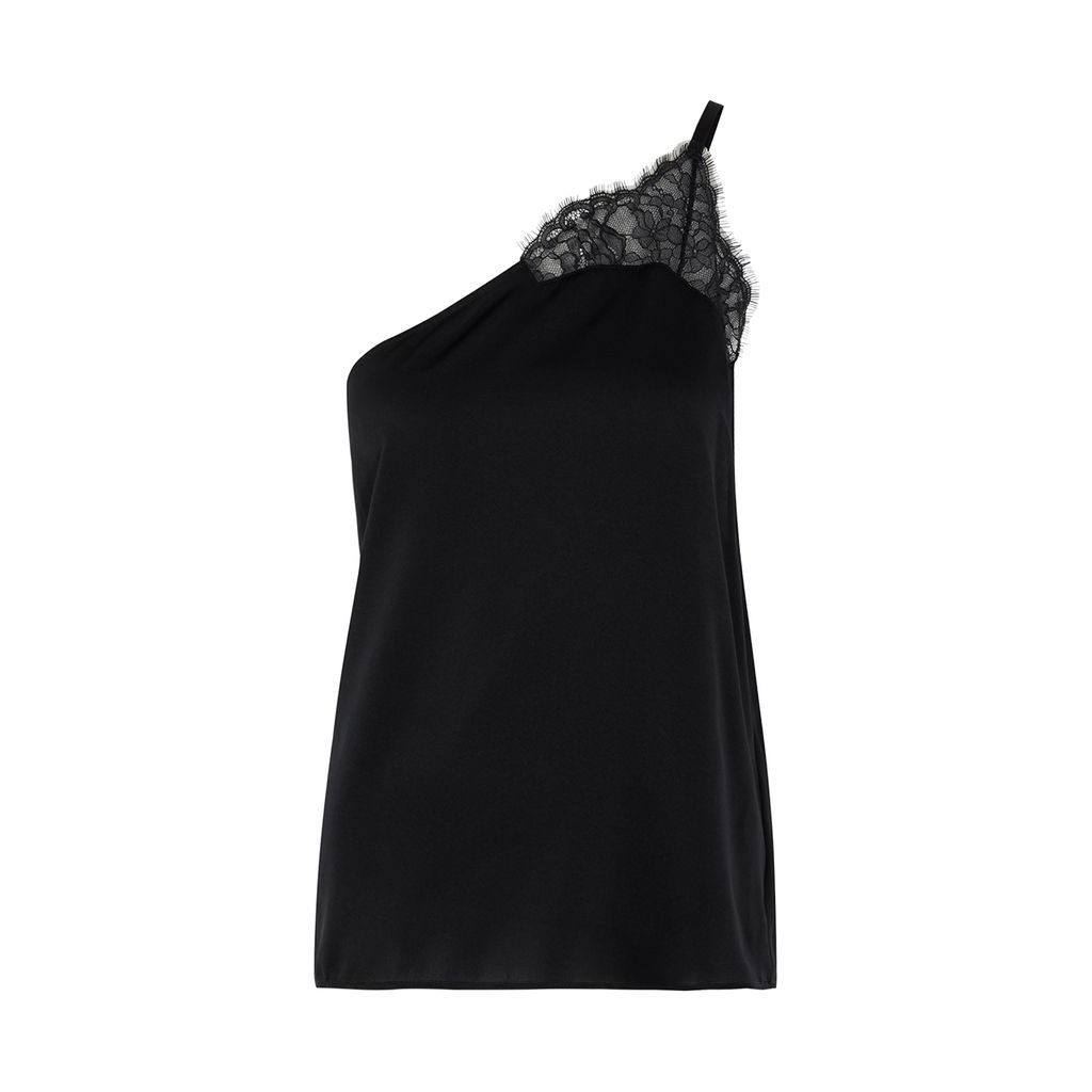 One-shoulder Lace-trimmed Satin Camisole Top - Black - 10