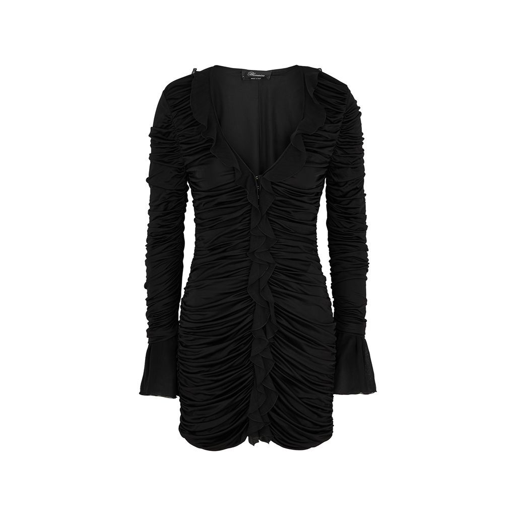 Ruched Ruffled Jersey Mini Dress - Black - 6