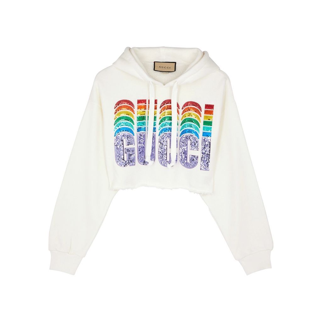 Sequin Cropped Hooded Cotton Sweatshirt - White - M