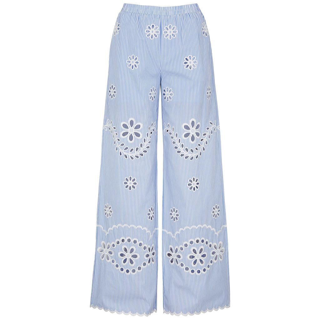 Striped Embroidered Cotton Trousers - Blue - 10