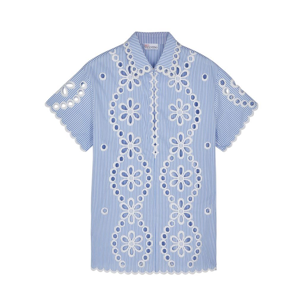 Striped Embroidered Cotton-poplin Shirt - Blue - 8