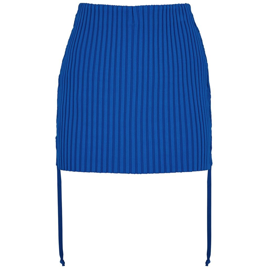Cut-out Ribbed-knit Mini Skirt - Blue - M