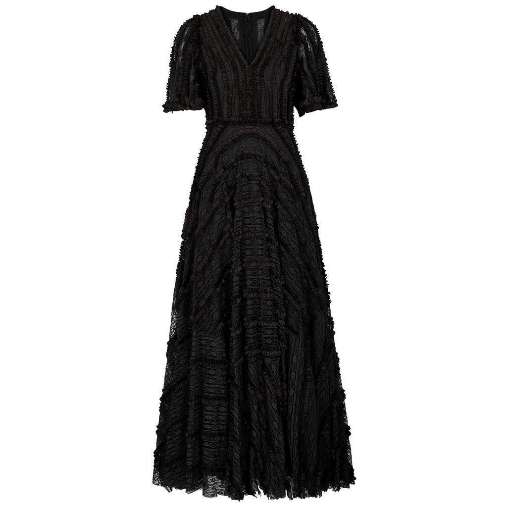 Satin Ruffled Lace Gown - Black - 8