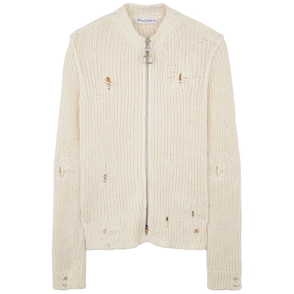 Distressed Ribbed-knit Cardigan - Off White - M