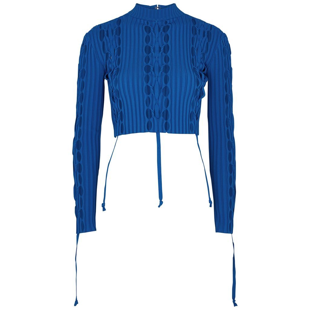 Cut-out Cropped Ribbed-knit Top - Blue - S