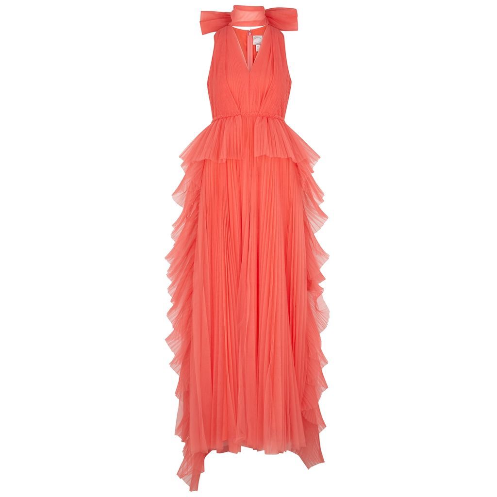 Alana Pleated Ruffled Tulle Gown - Coral - 12