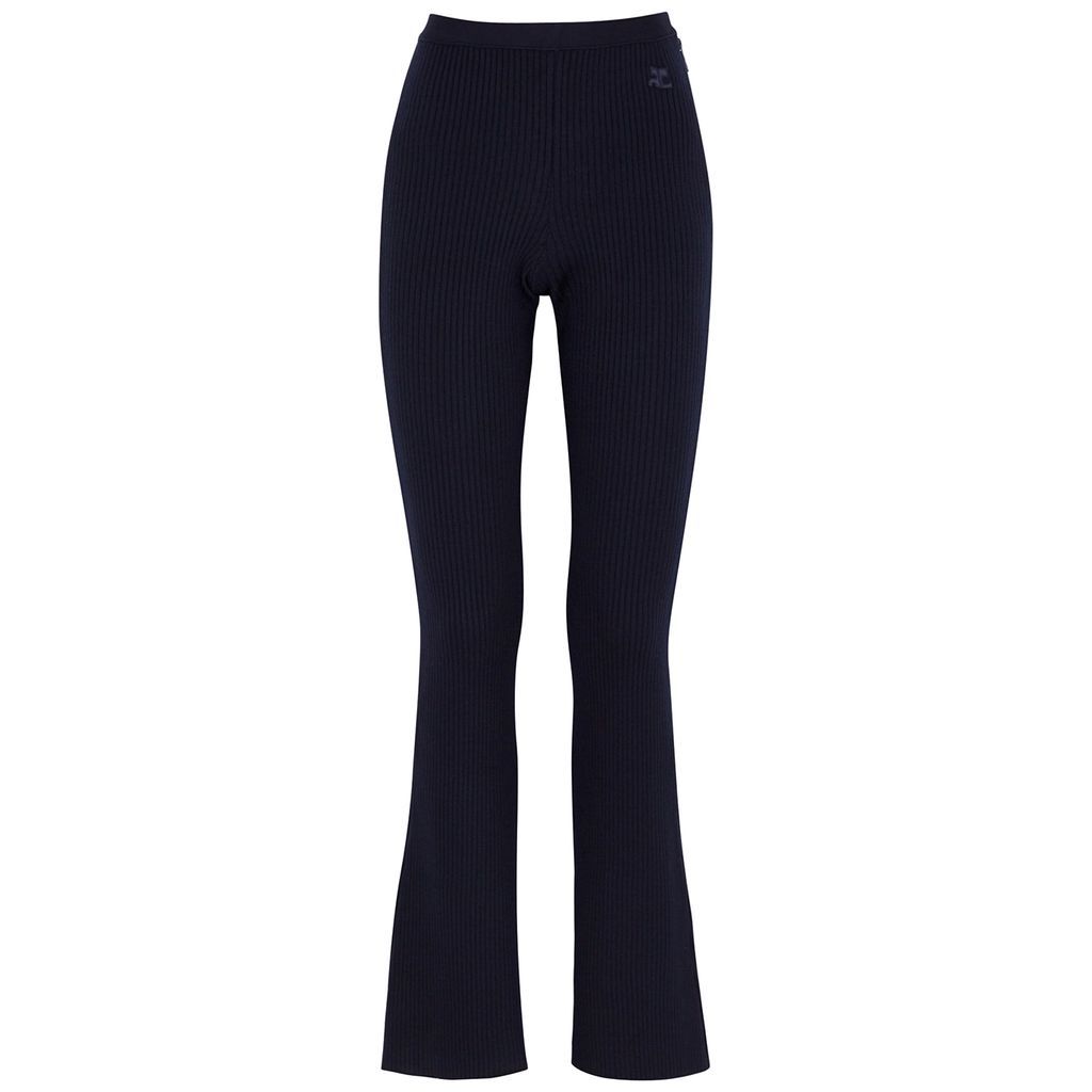 Flared Ribbed-knit Trousers - Navy - S