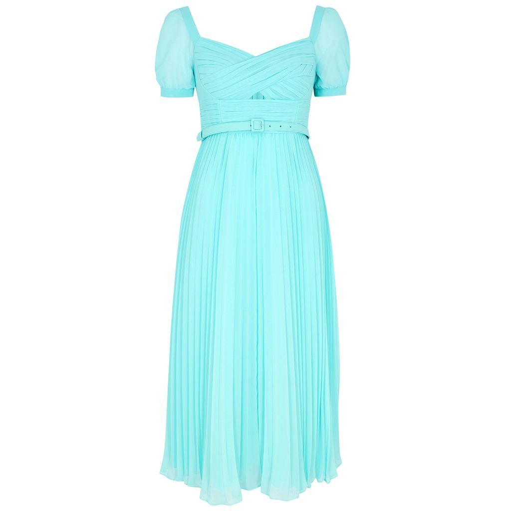 Pleated Chiffon Midi Dress - Turquoise - 12