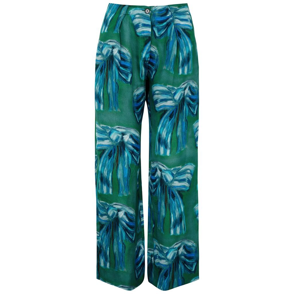 Printed Satin Trousers - Green - 8
