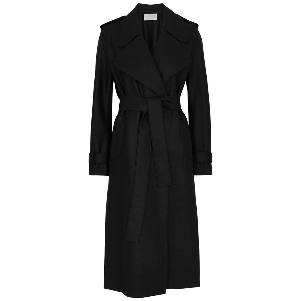 Belted Wool Trench Coat - Black - 12
