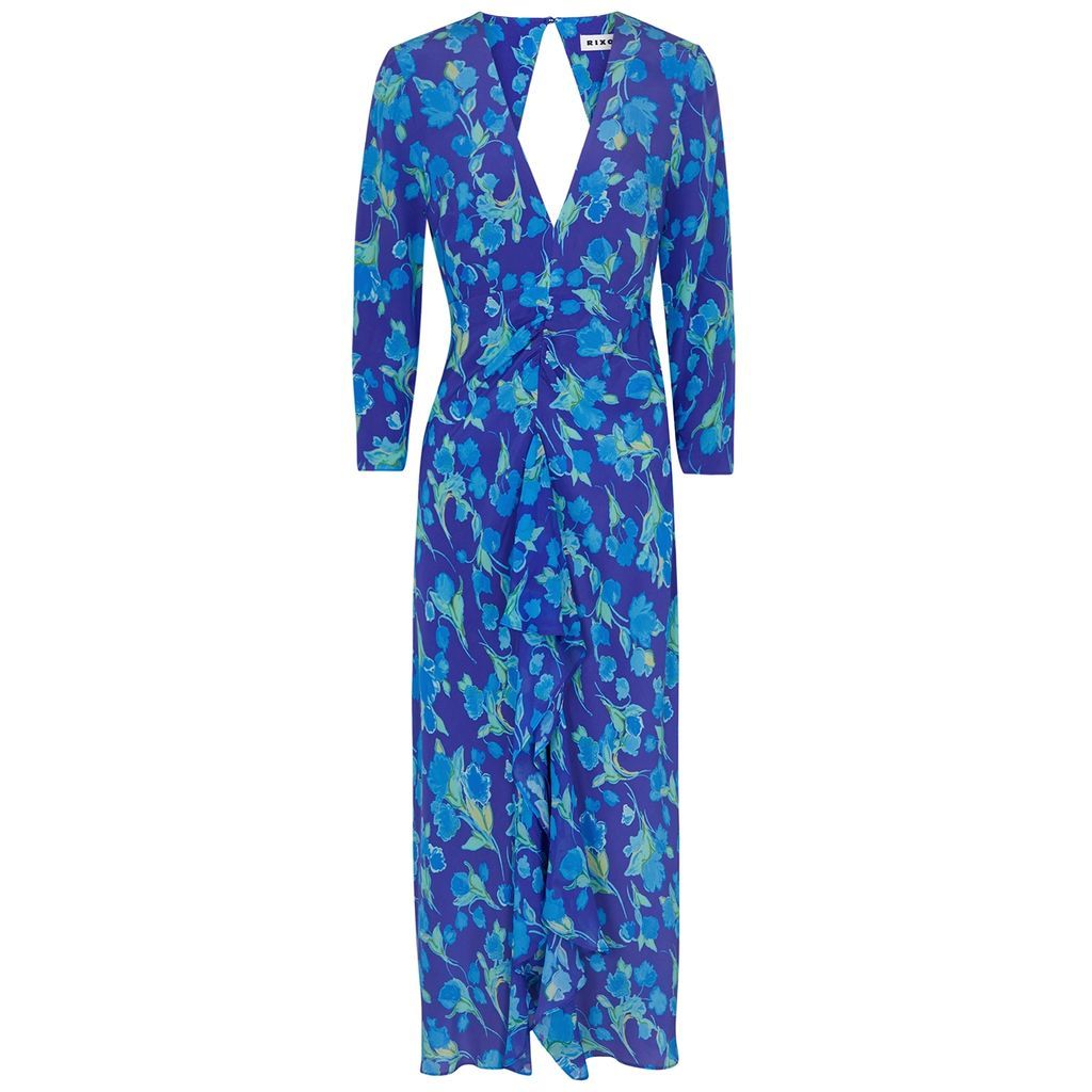 Rose Floral-print Silk Midi Dress - Blue - XS
