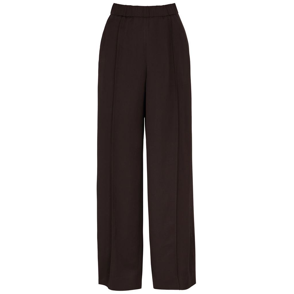 Wide-leg Twill Trousers - Dark Brown - 8