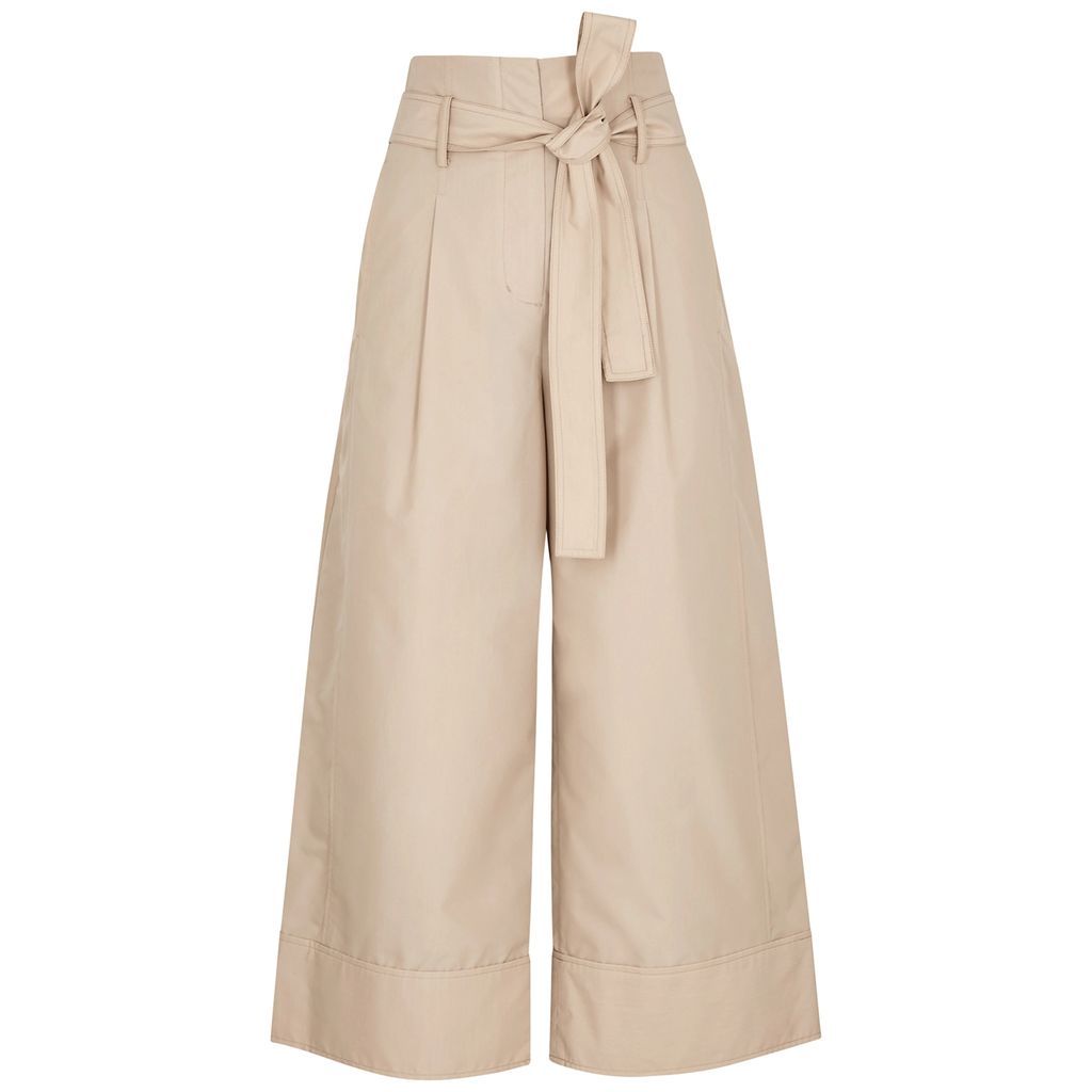 Belted Wide-leg Cotton-blend Trousers - Brown - 12