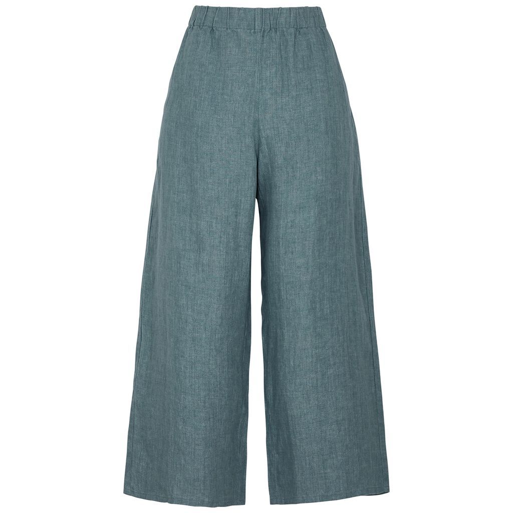 Cropped Linen Trousers - Teal - M