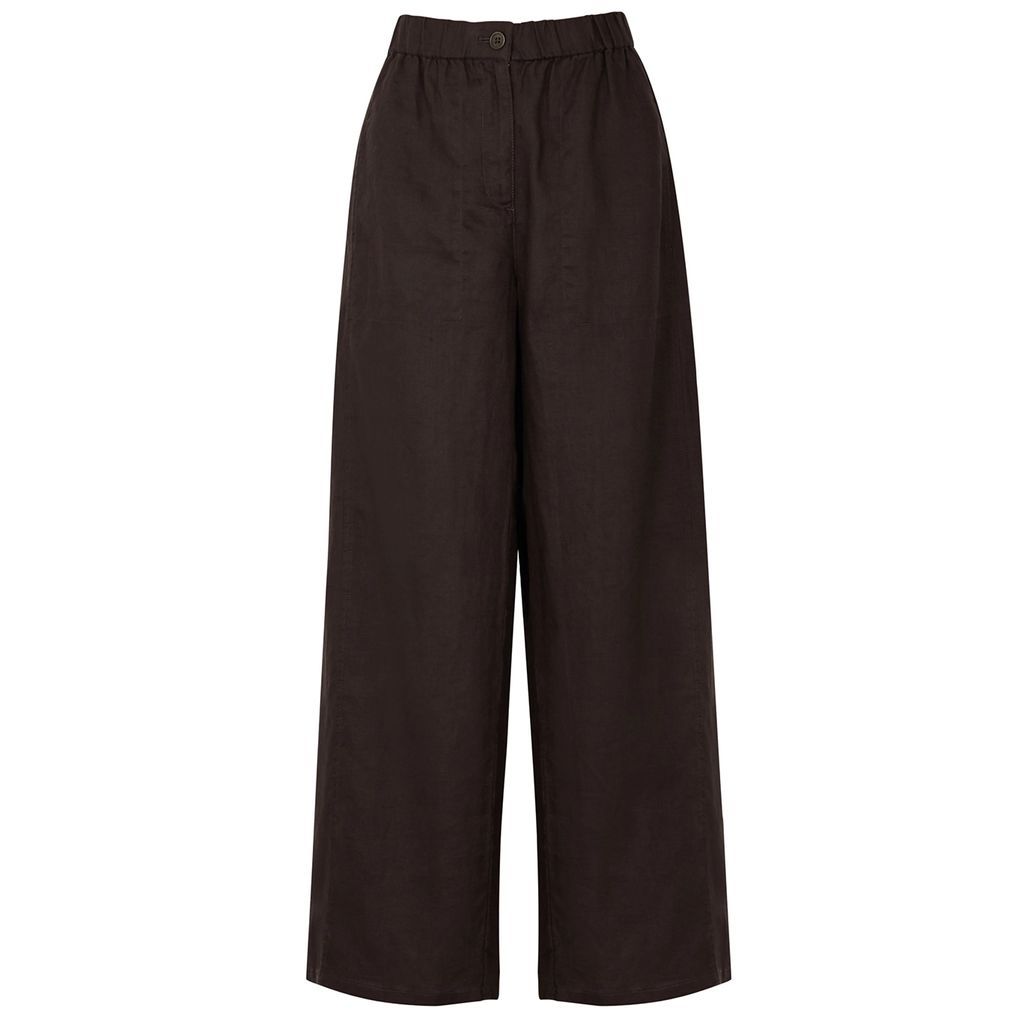 Wide-leg Linen Trousers - Dark Brown - S