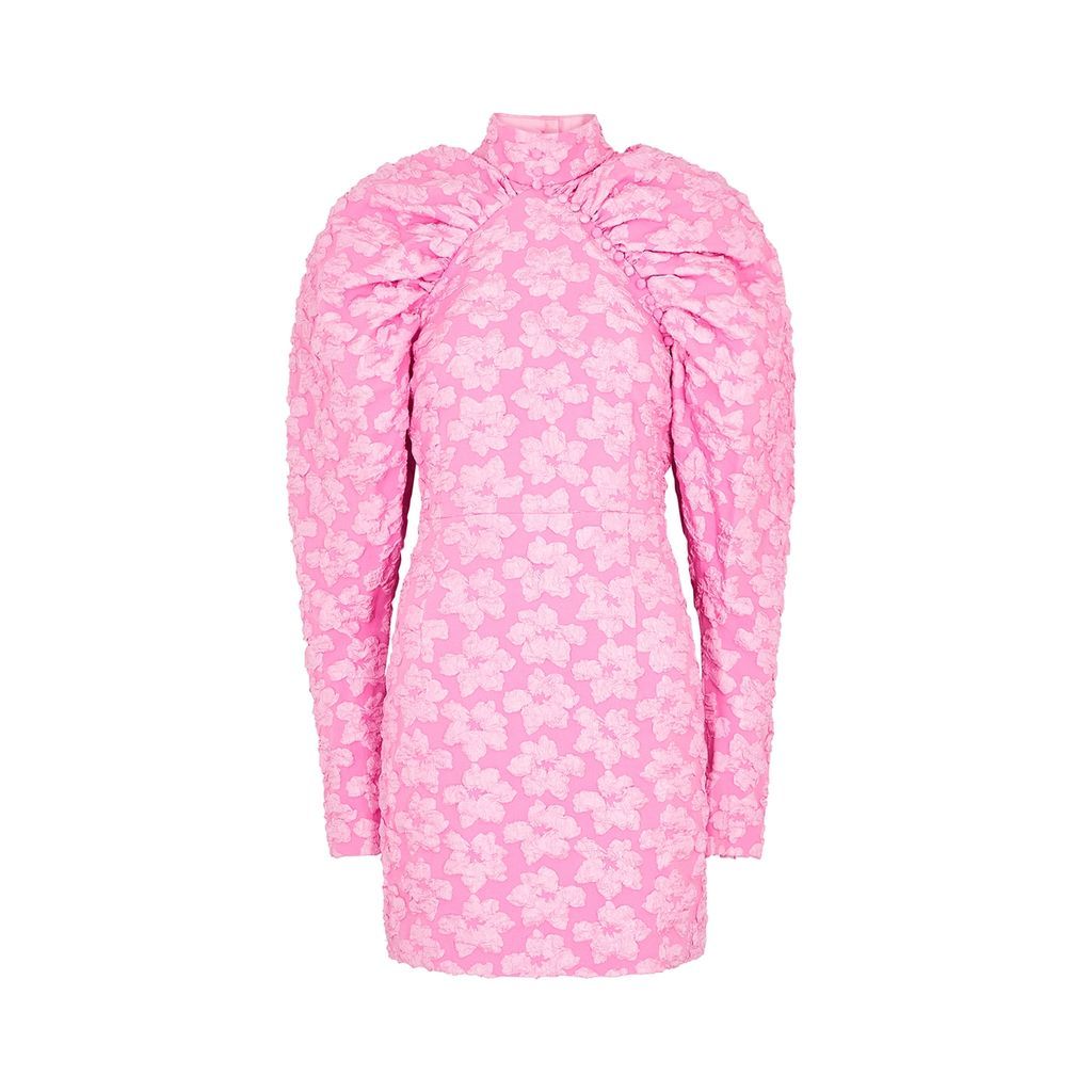 Textured Floral-jacquard Mini Dress - Pink - 4