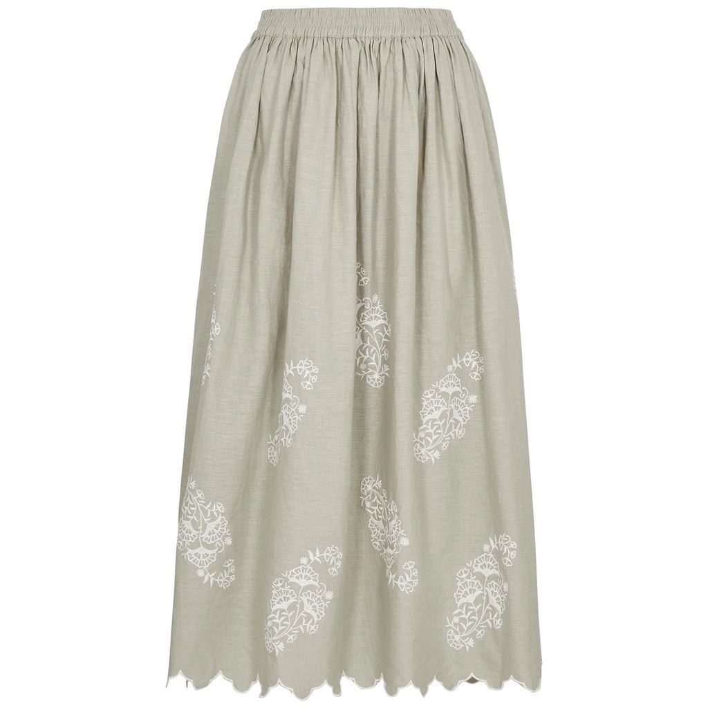 Devi Embroidered Linen-blend Midi Skirt - Light Grey - 6