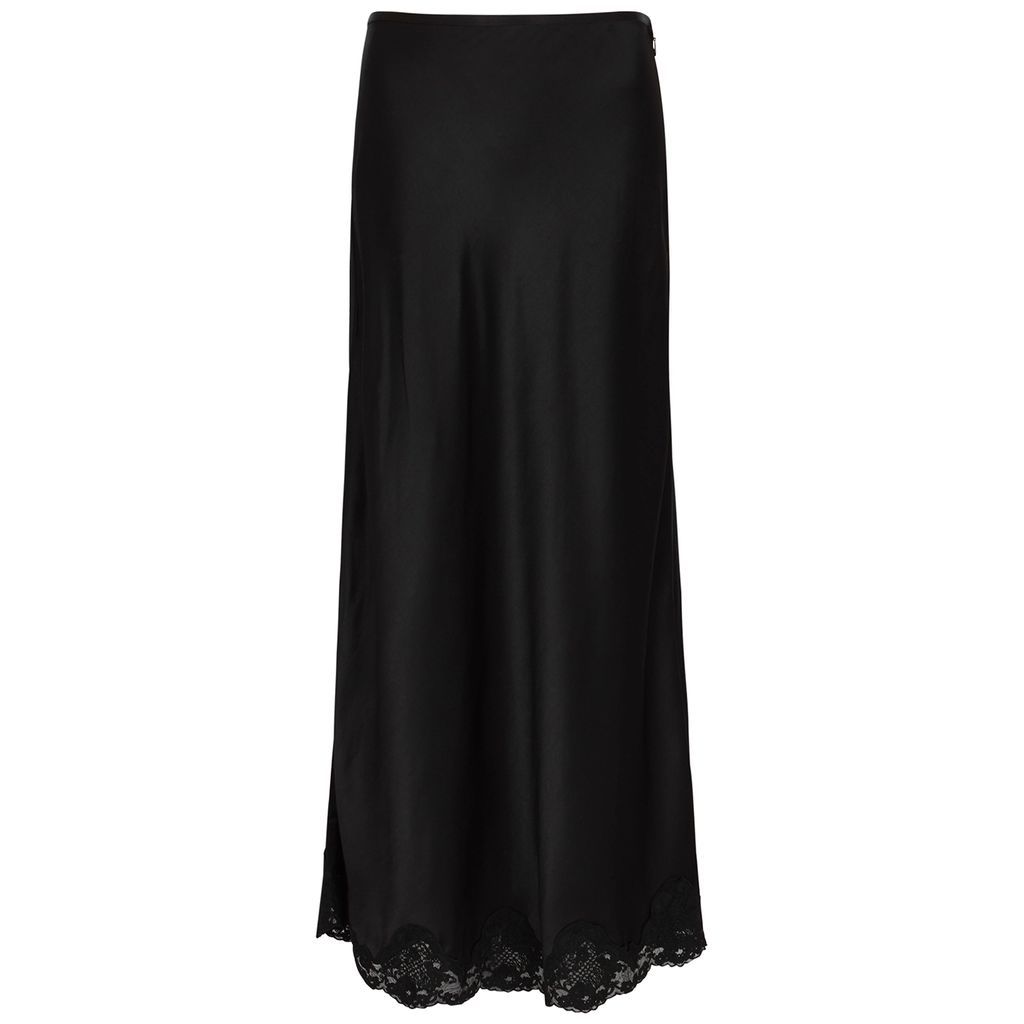 Crystal Lace-trimmed Satin Maxi Skirt - Black - M