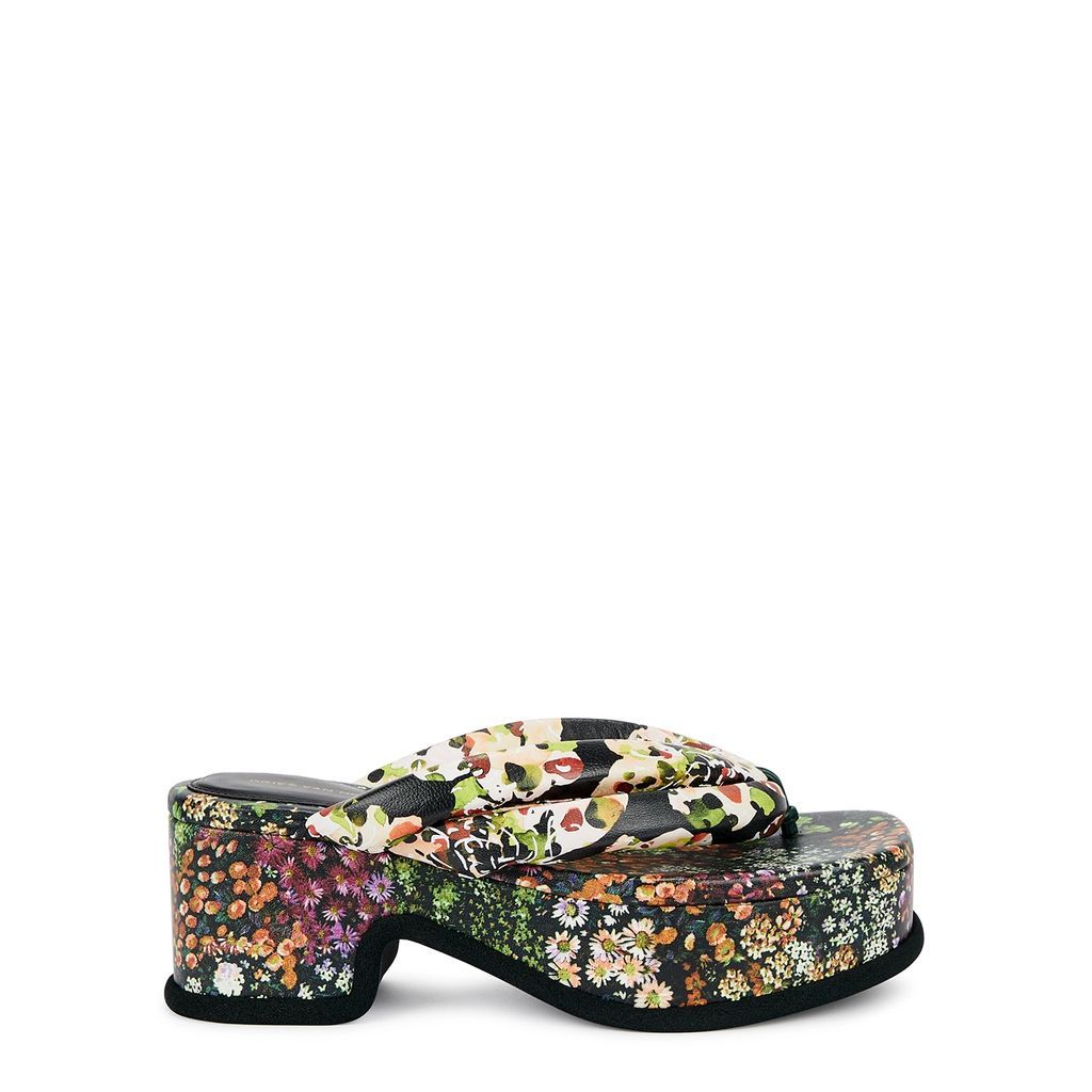 Floral-print Leather Flatform Flip Flops - Multicoloured - 5