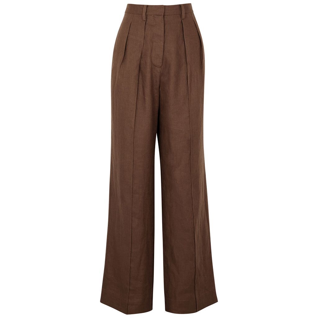 Wide-leg Linen Trousers - Dark Brown - 10