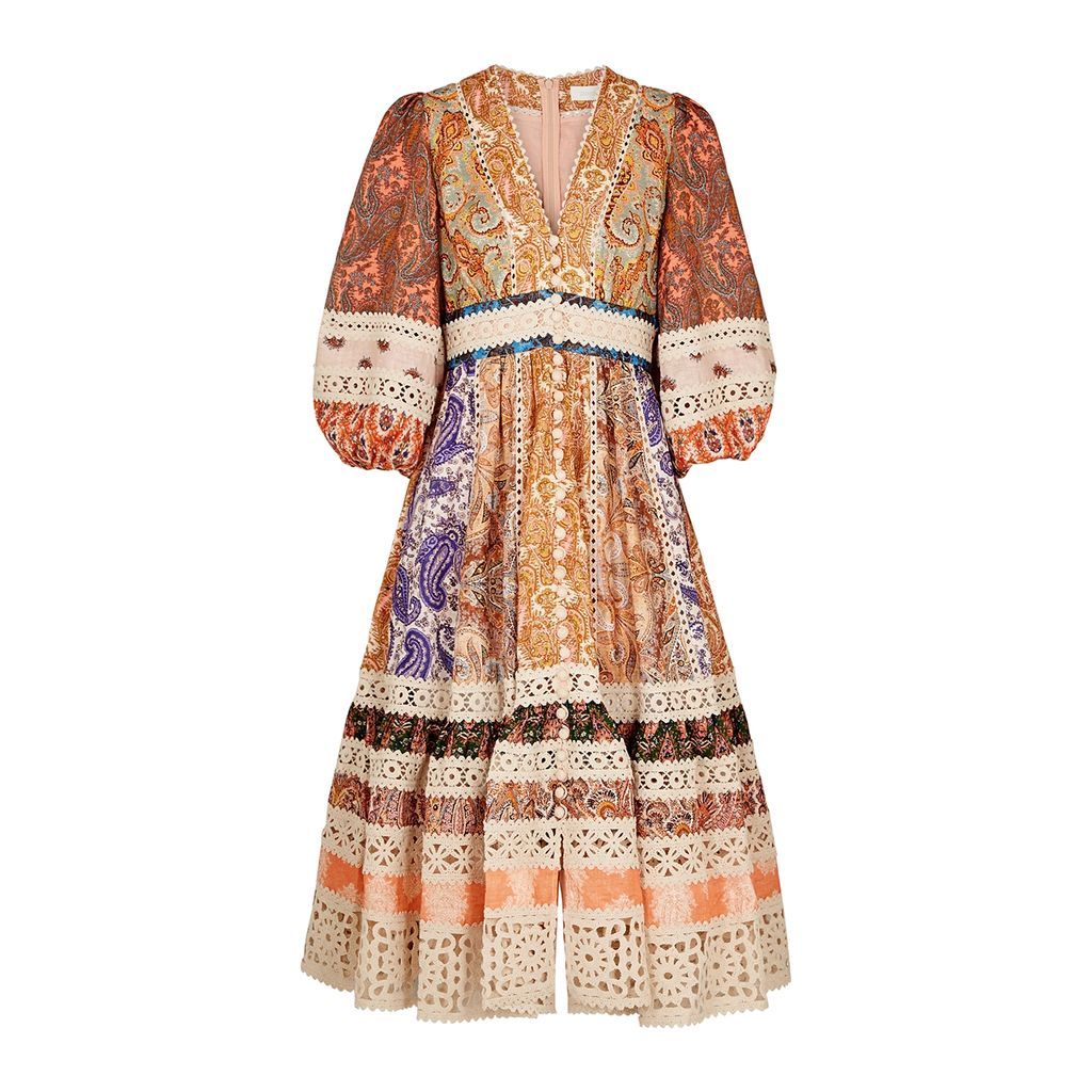 Devi Spliced Printed Linen Midi Dress - Multicoloured - 1