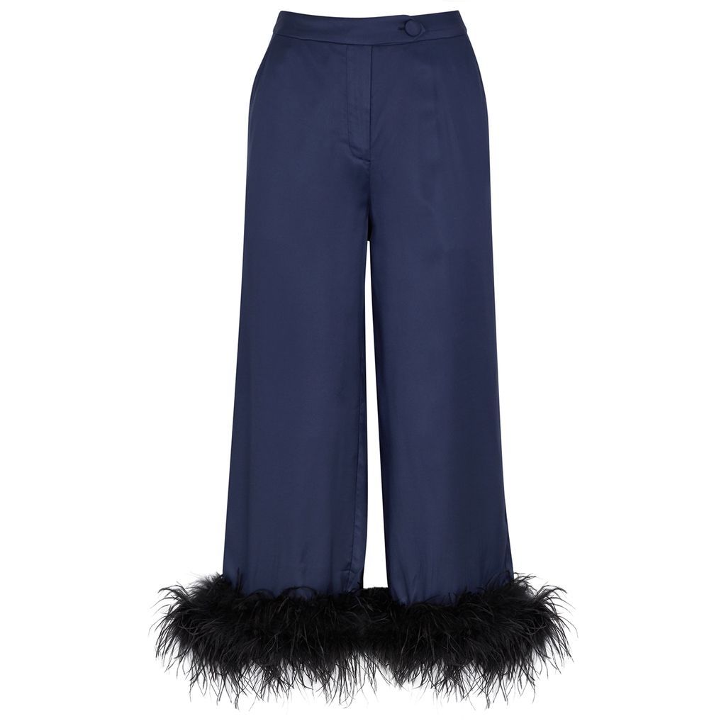 Apollo Feather-trimmed Cropped Satin Trousers - Navy - 14
