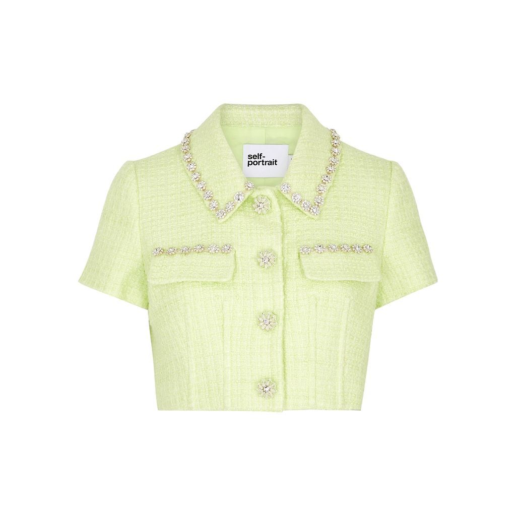 Embellished Cropped Bouclé Tweed Top - Lime - 8