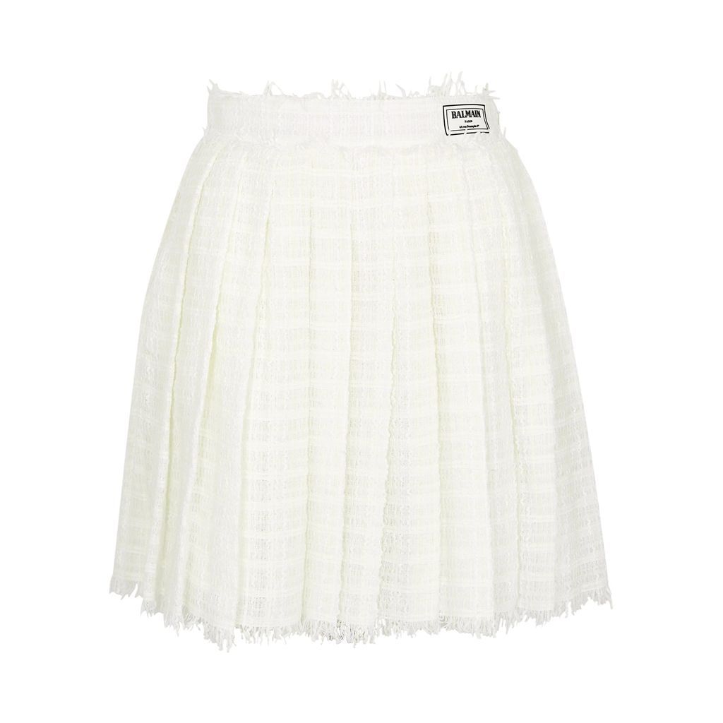 Pleated Bouclé Tweed Mini Skirt - White - 10