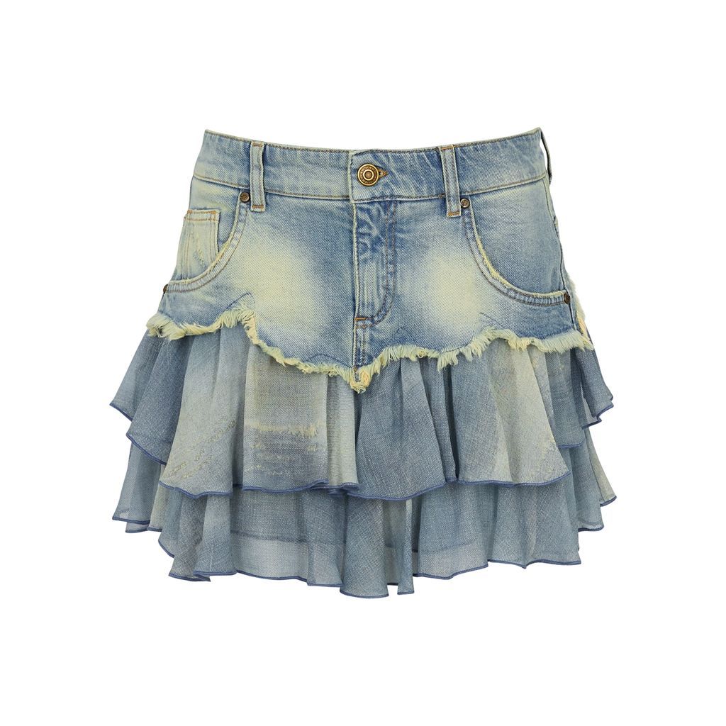 Ruffled Stretch-denim Mini Skirt - Blue - 6