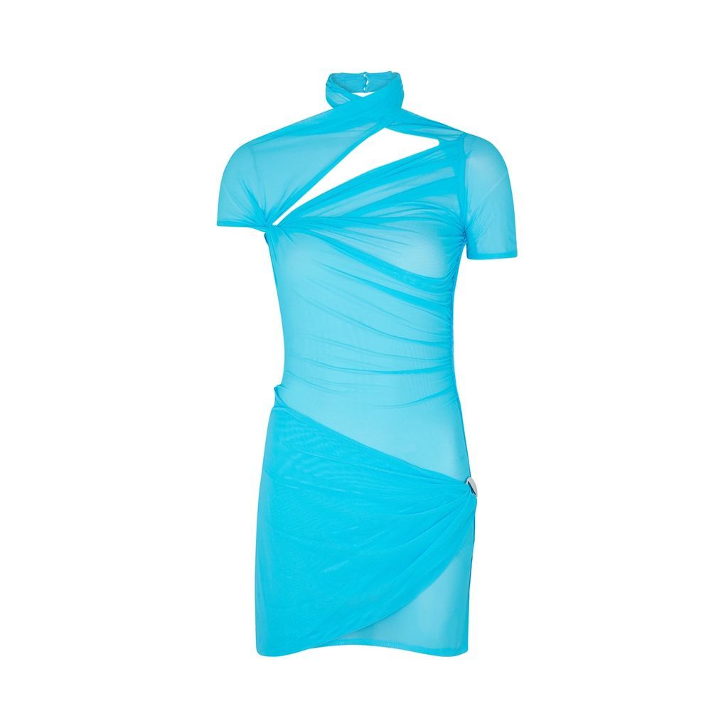 Draped Asymmetric Tulle Mini Dress - Blue - XS