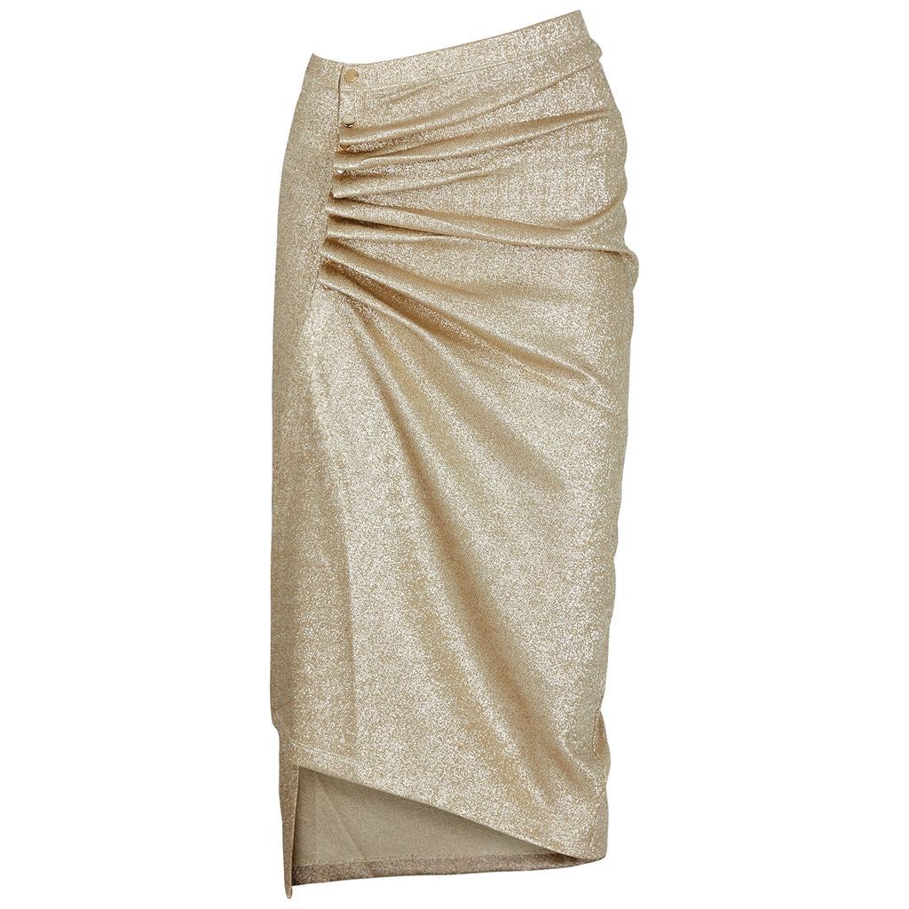 Ruched Metallic-knitted Midi Skirt - Gold - 12